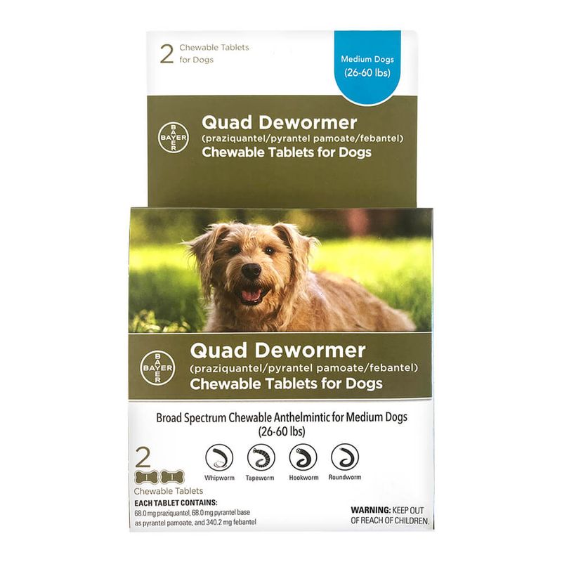 Quad Dewormer Chewable Tablets, 68mg for Medium Dogs 2660 lbs, 2ct