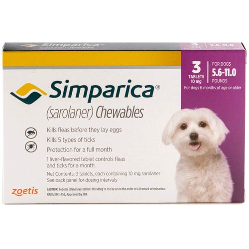 Rx Simparica 10mg for Dogs 5.6-11 lbs 3 Chewable Tablets