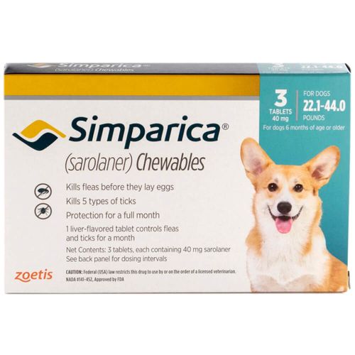 Rx Simparica 40mg for Dogs 22.1-44 lbs 3 Chewable Tablets