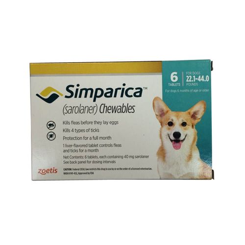 Simparica Rx 40mg for Dogs 22.1-44 lbs 6 Chewable Tablets